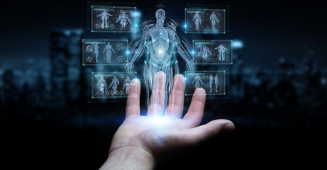 Man hand using digital x-ray human body holographic scan projection 3D rendering - obrazy, fototapety, plakaty