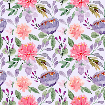 purple pink floral watercolor seamless pattern