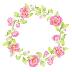 Fototapeta na wymiar Watercolor wreath of pink flowers and green twigs, leaves isolated on white background. Japanese camellia