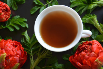 White cup of tea with red peonies on a black background. Luxurious bright composition. Hot drink. Bohemian style. Still life. Top view