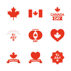 decorative ribbon and canada day icon set, silhouette style