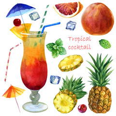 Watercolor illustration, set. Image of a glass of sex cocktail on the beach. 