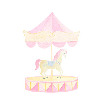 Watercolor circus horse and pink merry-go-round hand painted isolated on white background. Cute unicorn for birthday invitation, party, baby shower design. 