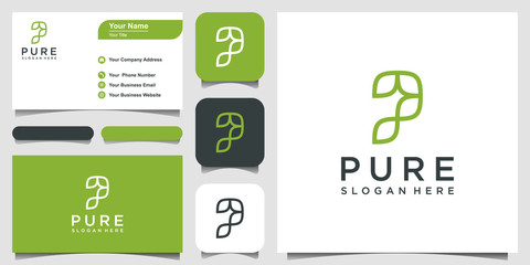 Letter P logo forms a leaf with green color logo design inspiration. and business card