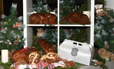 Closeup of slices of homemade traditional Romanian sweet bread named 