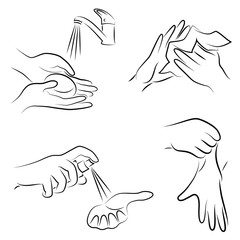 Collection of hygiene procedures. Wash your hands with soap under the tap, wipe with a napkin, treat with an antiseptic, wear rubber gloves. Vector illustration of a set.