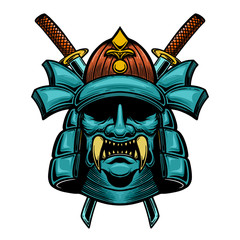 Illustration of helmet of samurai warrior with crossed katanas. Design element for poster, card, banner, emblem, t shirt.