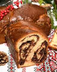 Closeup of slices of homemade traditional Romanian sweet bread named 