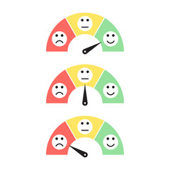 Obraz premium Collection of feedback indicators. Customer satisfaction gauge meter with pointer needle. Three colored faces expressing good level of satisfaction. Vector feedback survey template. Choose option.