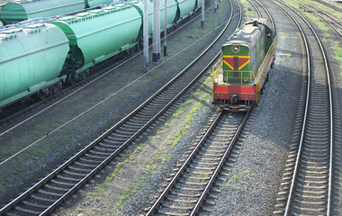 Odessa, Ukraine. July 22th 2018. Shunting locomotive standing on rails at the train station. Front...