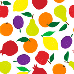 Seamless pattern with doodle fruits: Apple, pear, citrus orange and lemon, apricot,  pomegranate and plum on white background. Vegan food, organic fruit, or vegetarian food. Vector illustration.
