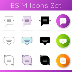 Empty chat bubbles with quotation marks icons set. Textbox with quotes. Empty comment templates. Dialogue box. Linear, black and RGB color styles. Isolated vector illustrations