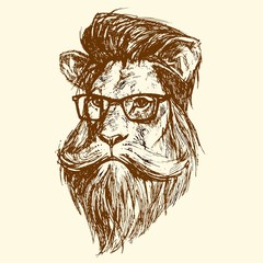 The head of a lion with glasses, drawn in ink. © Server