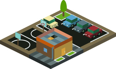 Isometric small business property. Little house with a parking lot with cars and a basketball field