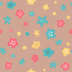 Seamless vector doodle floral pattern, spring summer backdrop. Hand drawn surface pattern design with flowers . Seamless texture can be used for wallpapers, pattern fills, surface textures.