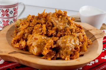 Sarma is a dish of vine, cabbage rolls stuffed with minced meat. Traditional romanian, greek