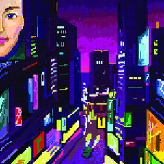 Pixel retro wave urban city night life sci-fi 