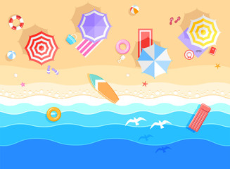 Top view on summer sea beach. Top view on ocean beach with soft waves. Beautiful background with seashells on sea sand. Vector illustration with plant's shadows