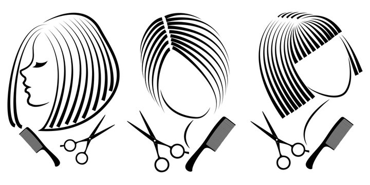 Collection. Silhouette of a cute lady. The girl shows a hairstyle on medium and short hair and scissors. Suitable for logo, hairdresser advertising. Vector illustration set. © Nataliia