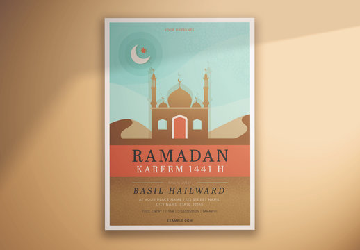 Ramadan Kareem Flyer Layout with Mosque and Desert Elements