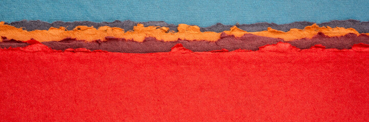 blue and red abstract landscape created with handmade Indian paper