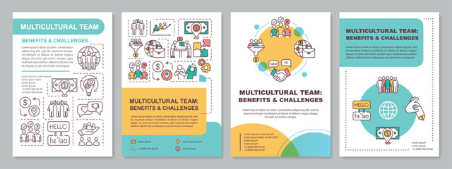 Multicultural team brochure template. Benefit and challenge. Flyer, booklet, leaflet print, cover design with linear icons. Vector layouts for magazines, annual reports, advertising posters