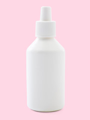 Layout of a white plastic bubble on a pink background, mock up, Black Label, close-up. Template or blank for the designer. Concept of medicine and hygiene. White empty plastic bottle, mock up