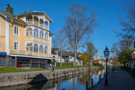 Old town in the district Trosa with its narrow canal and classic old houses south of Stockholm 