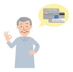 クレジットカードとオッケーサインのおじいちゃんの上半身ベクターイラスト