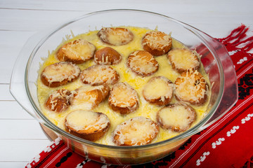 French onion soup is a type of soup usually based on meat stock and onions
