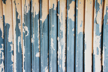 Rusty grooved galvanized metal sheet texture with remnants of old white paints and vertical ribs as background with copy space for your text