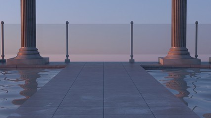3d render. Sunset composition with old columns and water. Architectural environment.