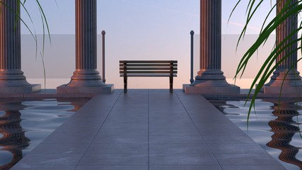 3d render. Sunset composition with old columns and water. Architectural environment with bench in center.