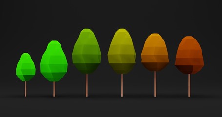 Low Poly Stage Tree Growth Illustration. 3D Illustration at Dark Background