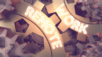 Glowing neon sign REMOTE WORK concept. Gold and silver gear wheel background illustration. 3d render mosaic digital effect