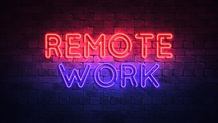 Glowing neon sign with the words REMOTE WORK. purple and red glow and brick wall on the background 3d render