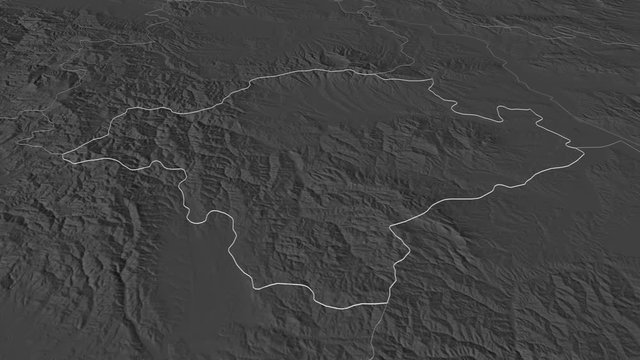 Toplički, district with its capital, zoomed and extruded on the bilevel map of Serbia in the conformal Stereographic projection. Animation 3D