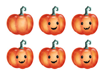 Cute cartoon halloween pumpkins with funny faces set on a white background