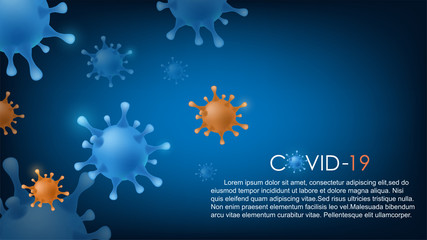 Coronavirus blue and orange cells with blue background.Outbreak of covid-19  virus affects the respiratory system and lungs banner.