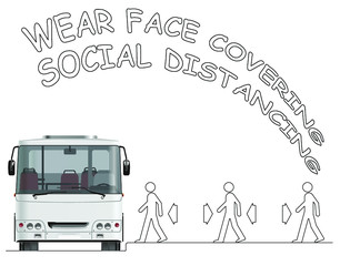 Passengers boarding a bus practicing social distancing and advised to wear face coverings as countries prepare to unlock restrictions due to pandemic isolated on white background 