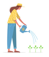 Young woman in straw hat is watering plants using watering pot. Vector illustration.