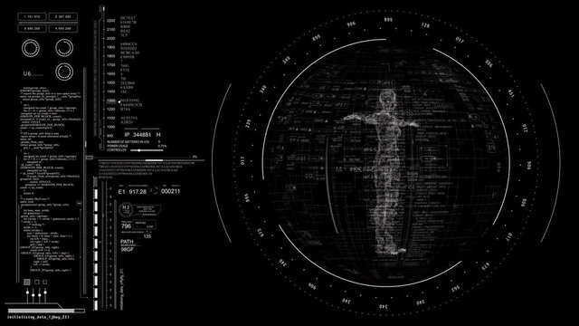 PNG Alpha.HUD Sci Fi animation.Futuristic digital data display. Abstract rotating animation of a 3D human.