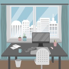 The home workplace with monitor, table, chair and other interioir elements.