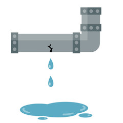 Steel pipe for water. Sewerage and water supply. Mechanical part. Kitchen tube. Home communication system. Cartoon flat illustration. Water leak, spill and blue drops. Broken part.
