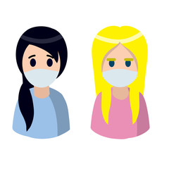 Set of women. Cute female characters. Brunette and blonde hair. Girl in a medical mask. Protection from the virus and coronavirus. Treating illness.