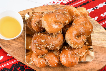 Concept of romanian cuisine. Homemade Mucenici, traditional desserts made in the figure 8