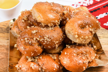 Concept of romanian cuisine. Homemade Mucenici, traditional desserts made in the figure 8