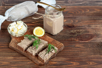 Fresh homemade chicken liver pate with carrots, onions and butter. Garnished with a sprig of dill....