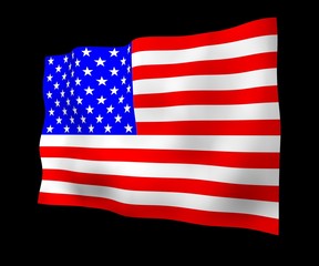 Waving flag of the United States of America on a dark background. Stars and Stripes. State symbol of the USA. 3D illustration