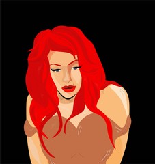 The girl with the red hair. Print on clothing. Vector illustration with a picture for printing on fabrics, paper on a black background. Red hair. Brown t-shirt. Pop art. The girl with the blue eyes. 